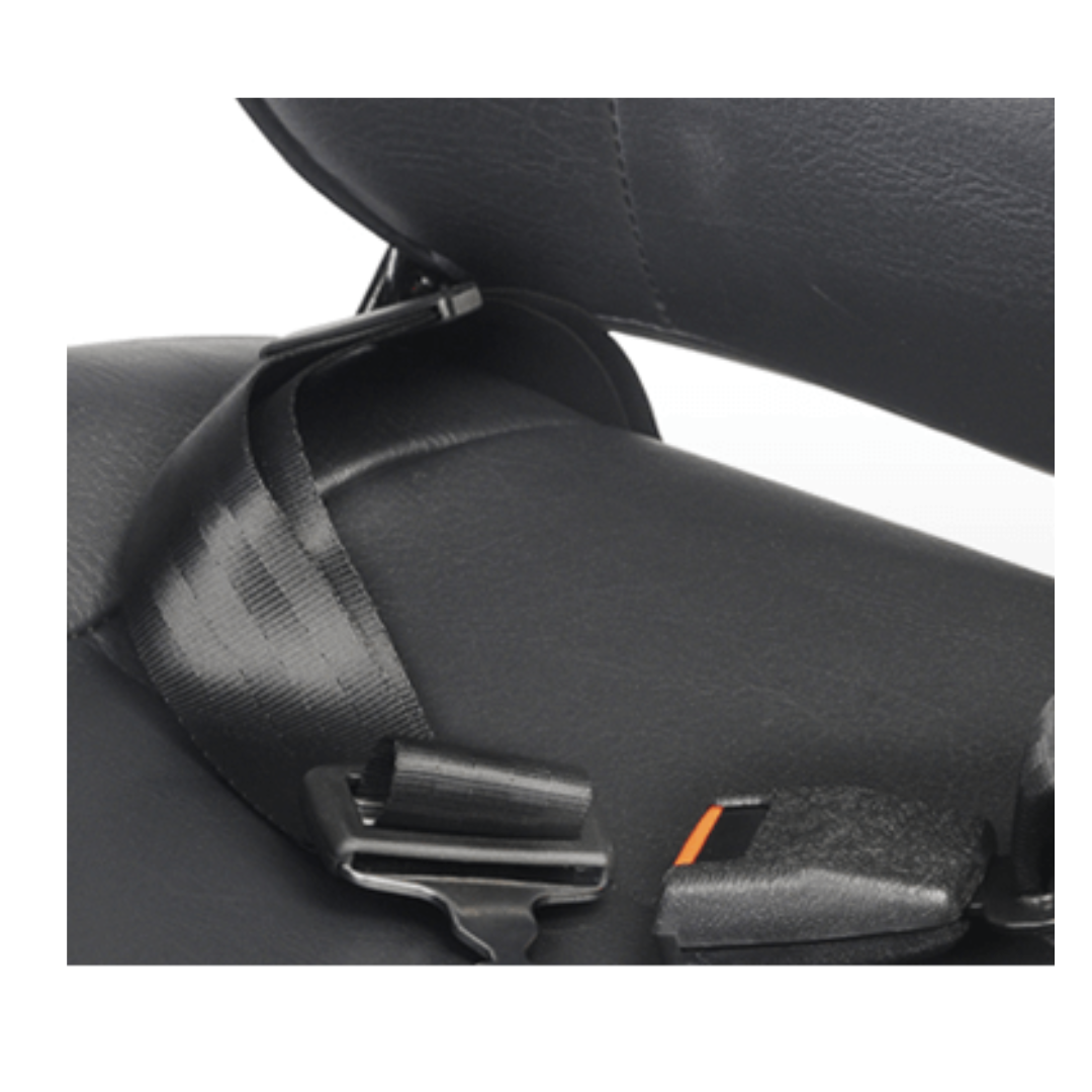 Close-up of an Afikim Electric Vehicle Accessories seatbelt in black, featuring a sleek design with buckle inserted. The strap loops over the seats edge, showcasing detailed stitching and texture of leather or faux leather, with customization options to perfectly match your style.